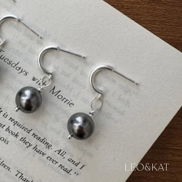 Dark Gray Pearl Dangle Silver Earrings. 925 Sterling Silver. #1109 - Picture 3 of 4